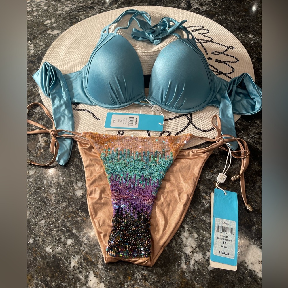 SOLD on posh Canada 🇨🇦 NWT Beach Bunny Aqua and Multicolor Bikini Set XL set